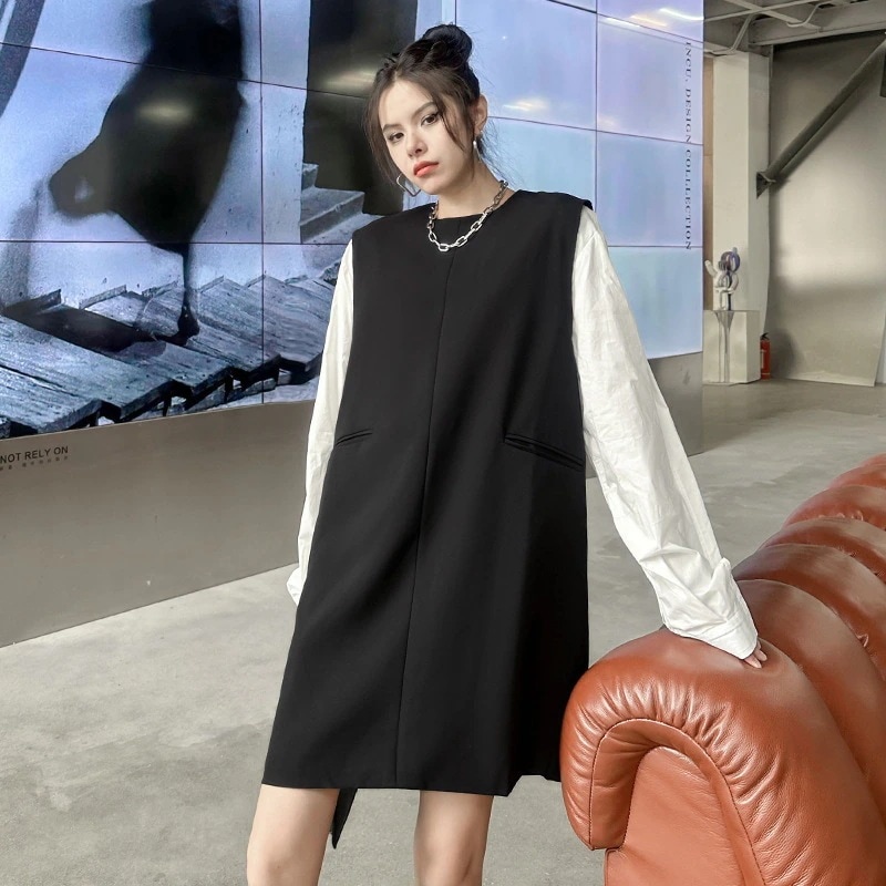 フランス風フェイクレイヤードワンピース新型切り替えシャツワンピース通勤百掛け