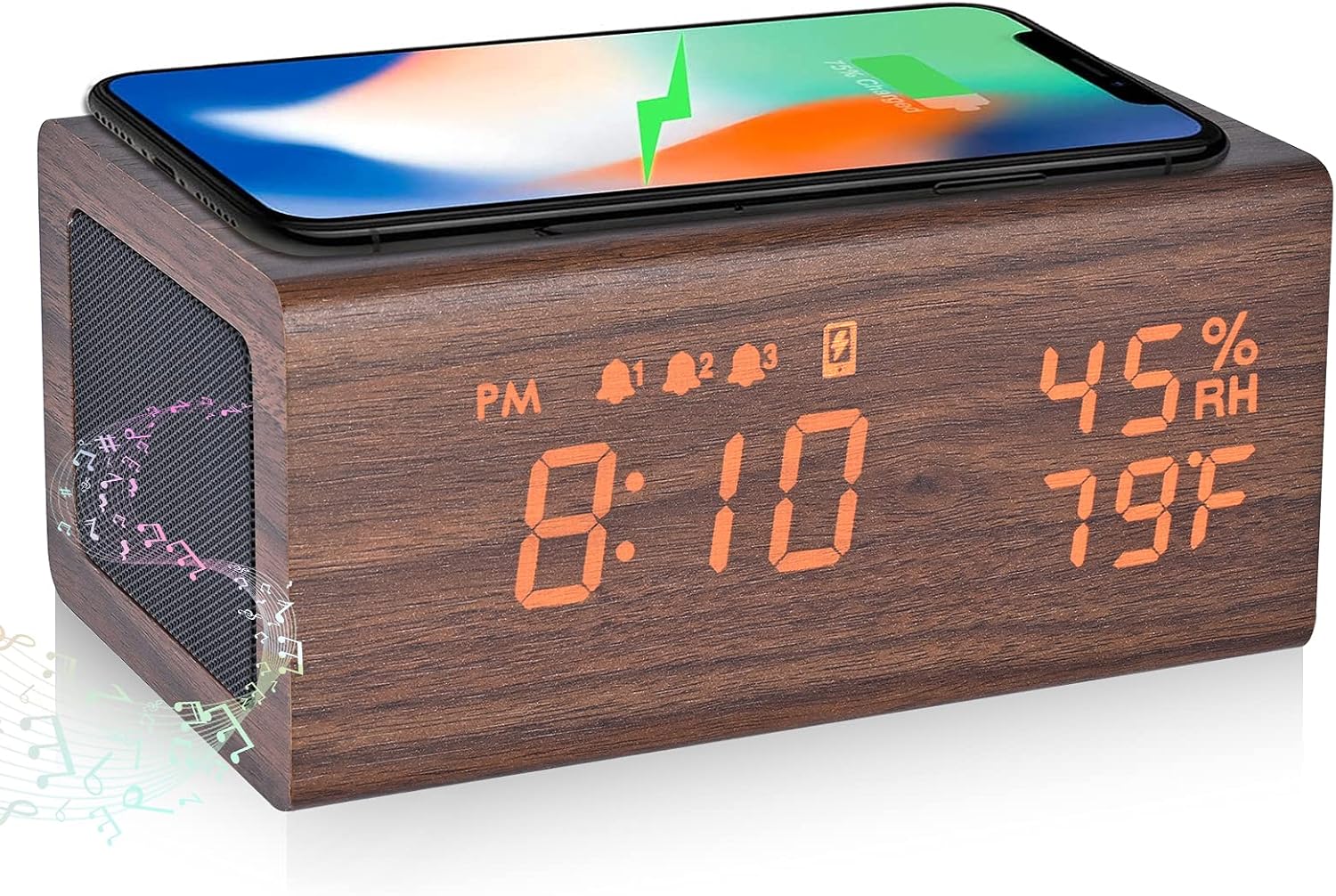 目覚ましデジタル置き時計 QIワイヤレス充電器 Bluetoothスピーカー付き LED エコ android/iphone充電対応 iPhone8以上対応 温度湿度 ブラウン