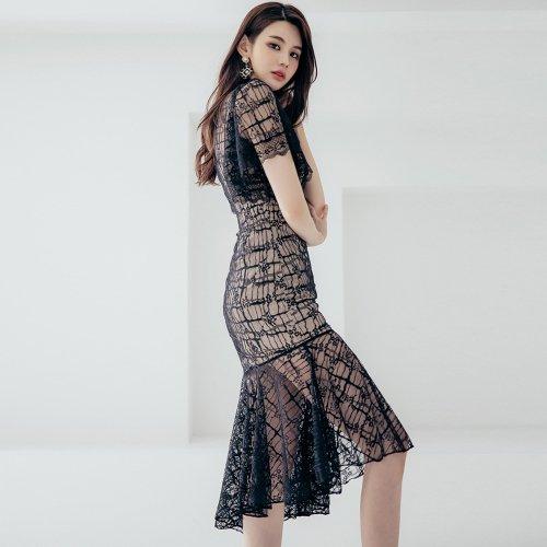 キャバドレス ナイトドレス ミディアムドレス ワンピース 半袖 レイヤード レース ベルスリーブ レディース グラシア