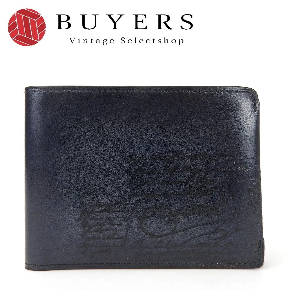 中古 ベルルッティ 二つ折り 札入れ 財布 コンパクト ウォレット マコレ スクリットレザー カリグラフィ パティーヌ E0148 ネイビー系 レザー 革 シック 小物 メンズ 男性 Berluti