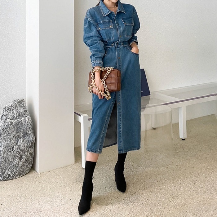 ワンピース レディース シャツワンピース デニムワンピース デニム ワンピ 長袖 前ボタン ロングワンピース ロング丈 ミモレ丈 iライン タイト スリット ハイウエスト 無地 シンプル