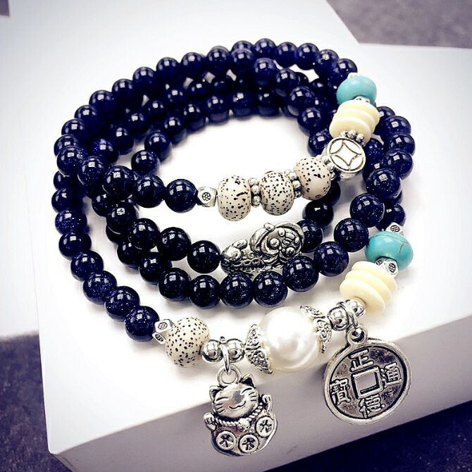 天然石 5A級パワーストーン ブルーゴールドストーン baby藍砂石6m 瑪瑙 ロング 招き猫