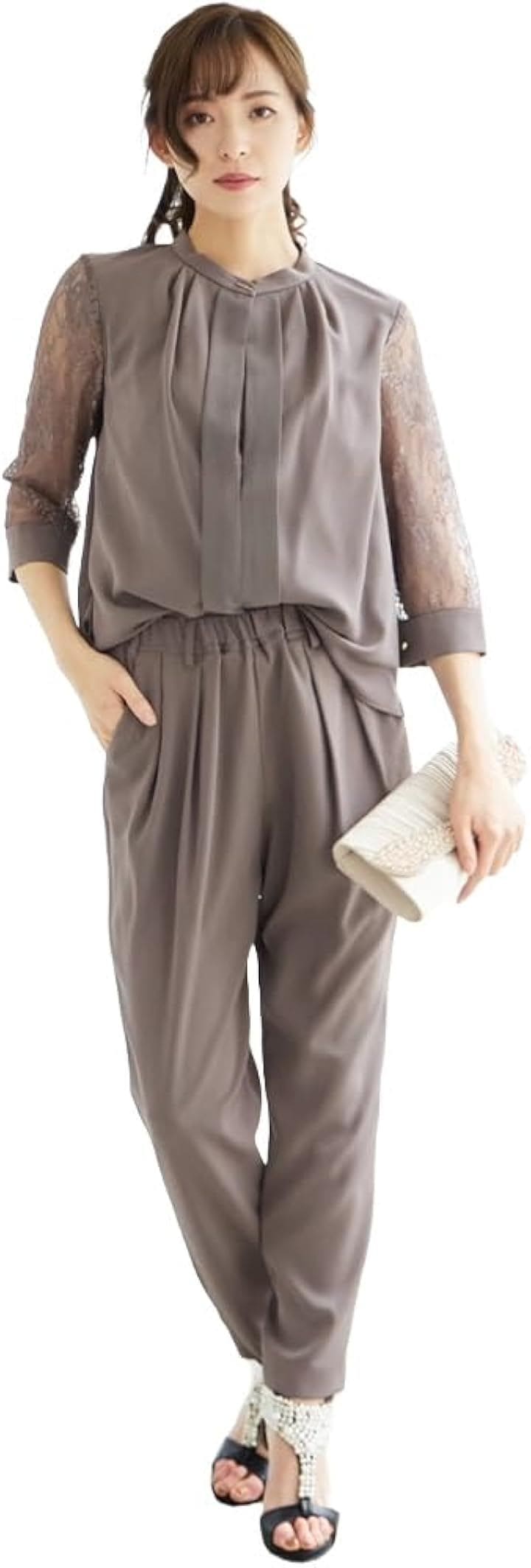 スリーブレース切り替えパンツドレス セットアップ 上品 おしゃれ 結婚式 二次会 入学式 卒業式 軽い生地 ゴールド留め具 袖カフス 洗練 きれいめドレス (モカ, XL)