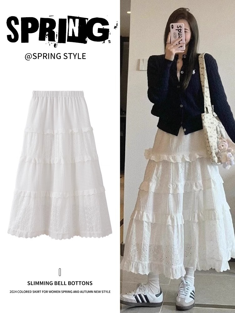 レースケーキスカート春秋2024新型ハイウエストスリムバレエ風小柄白a字半身ロングスカート