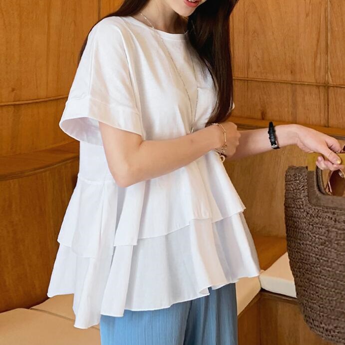 【即納】フォーマル ジュニア 可愛い ゆったり ホワイト 女の子フリル袖 レディース カットソー ニット Tシャツプリーツ切り替え ブラウス