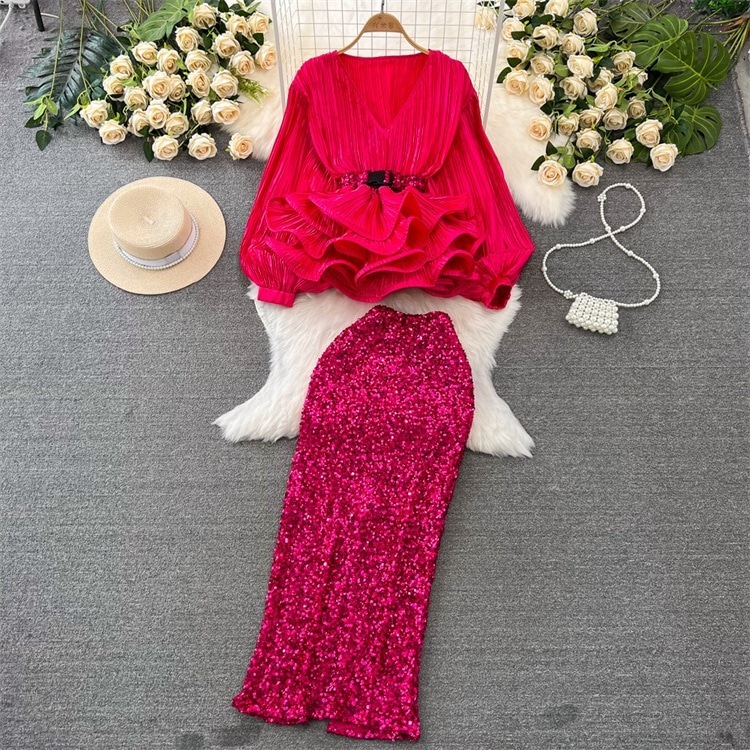 Vネック フリル スパンコール ランタンスリーブ ハイウエスト 気質 ブラウス シャツ セットアップ 光沢 長袖 ロングスカート 激安セールオールインワンセットアップセットアップ