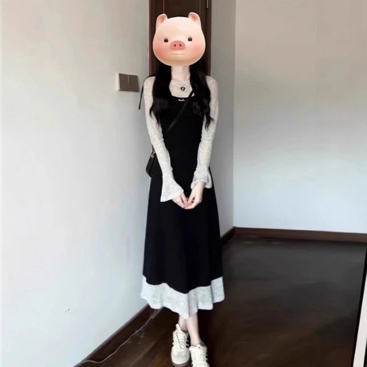 大きいサイズレディース新作太着痩せお腹カバーフェイクツーピースサスペンダースカート長袖ニットワンピース