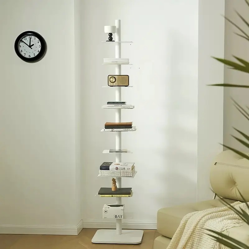 9段回転式アイロンブックシェルフ省スペースカーボン鋼製縦型本棚 多層デコレーションディスプレイ＆収納ラック付き リビング・寝室・バルコニー用 小さな本棚 部屋の装飾 自宅整理 モダンシェルフィング