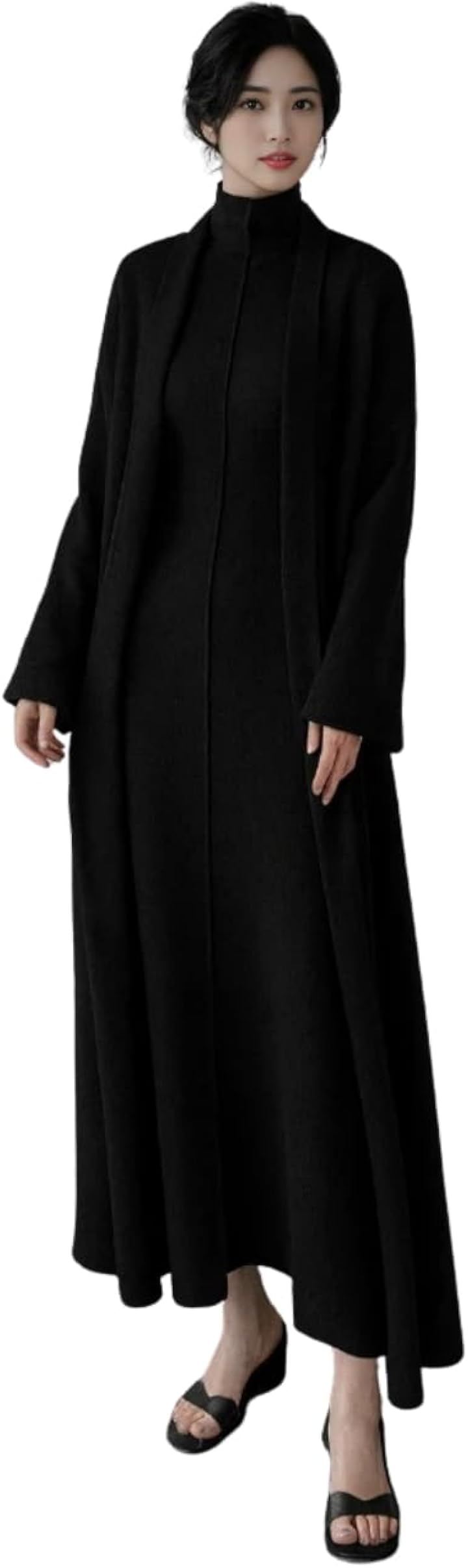 ブルーベリル ニット セットアップ ワンピース ロングカーディガン ハイネック ノースリーブ 縦ライン ロング丈 起毛 フレア 体型カバー BB094-BK-S (ブラック, S)