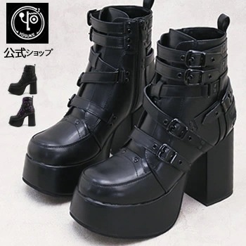 直営SHOP限定 ヨースケ 厚底ブーツ レディース ミリタリーなベルトデザイン ショートブーツ 12.5cm 厚底ヒール　公式SHOP特典キズ補修液付