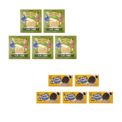 ノーブランドグリーンティークレープ180g x 5個+クッキークリームサンド744g x 5個学校事務所