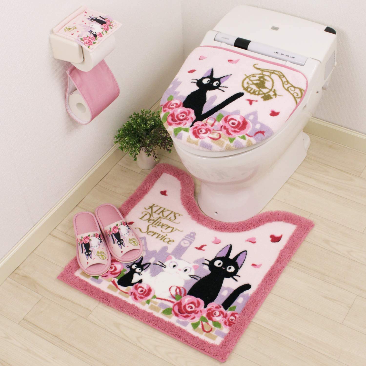 魔女の宅急便 トイレマット セット 4点 洗浄暖房便座 ジブリ ジジとデート 4点セット センコー 日本製 トイレマットセット 黒猫 ジジ ピンク