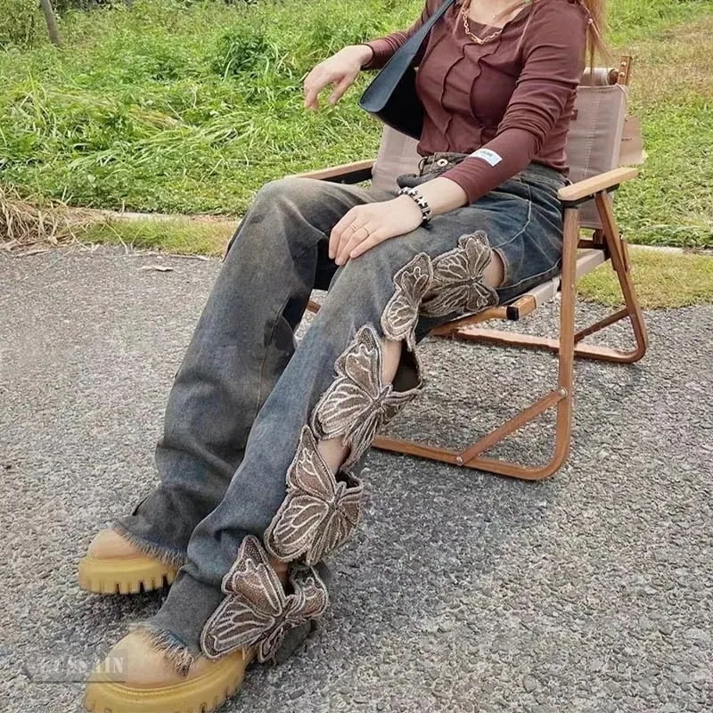 デニムボトムス バタフライ ダメージ フリンジ デニムパンツ ハイウエスト ストレート ボトムス ワイドレッグ ゆるダボ ゆったり カジュアル メカ割