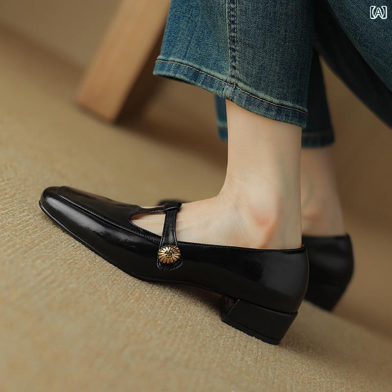 パンプス レザー レディース 文学 レトロ ローファー 女性 スタイル 革 厚手 ミディアム ヒール メリージェーン 靴 ゴールドバックル T ストラップ 小さい 革 靴