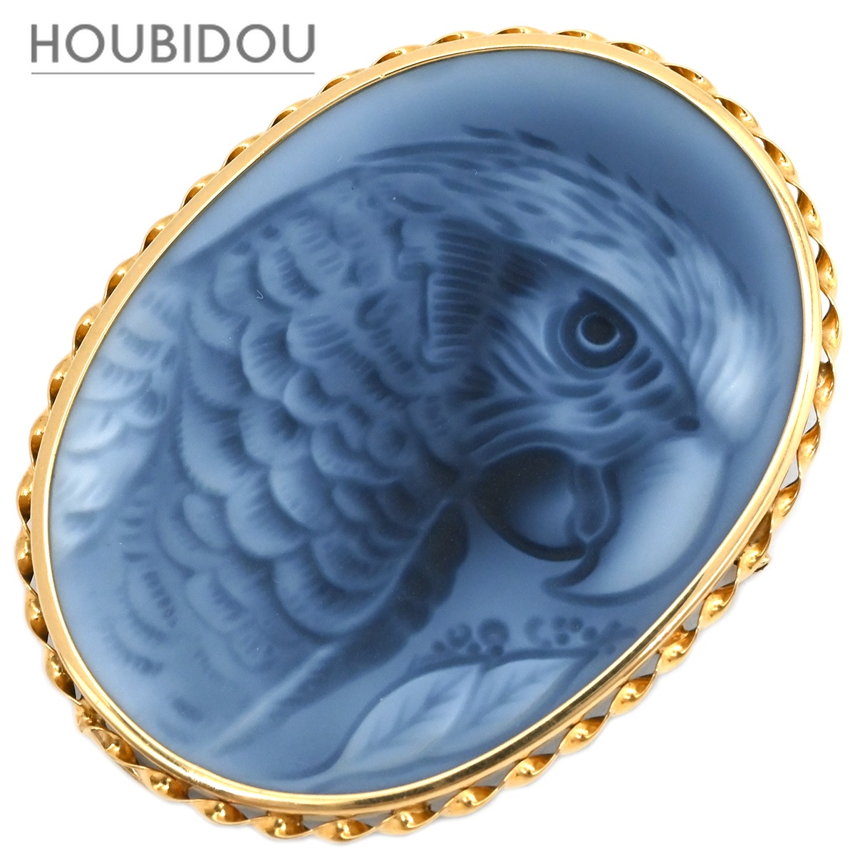 ブローチ カルセドニー カメオ ブルー×イエローゴールド 浮き彫り 青 彫刻 ペンダントトップ 2WAY 鳥 オウムモチーフ 動物 【中古】