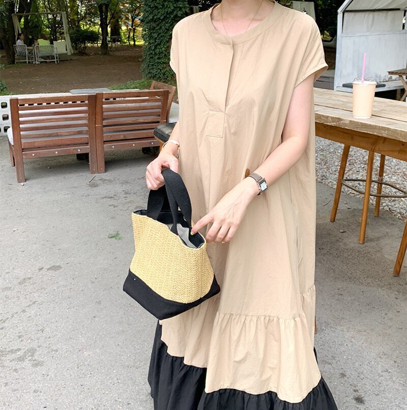 裾切替えロングワンピース ワンピース ロング ロング丈 l Uネック フレア Aライン フリル 上品 おしゃれ 大人可愛い 大人女子 無地 春 夏 10代 20代 30代 40代 50代 デート お