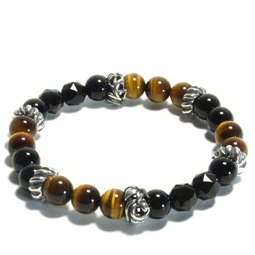 イエロータイガーアイ オニキス シルバーパーツ ブレスレット (メンズMサイズ) 天然石 メンズ
