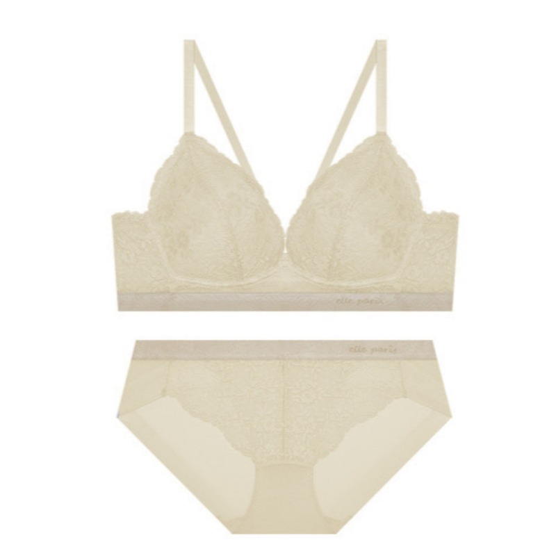 ソフトフィット ノーワイヤ レース ブラ パンツ セット - ライトベージュ 80A 95