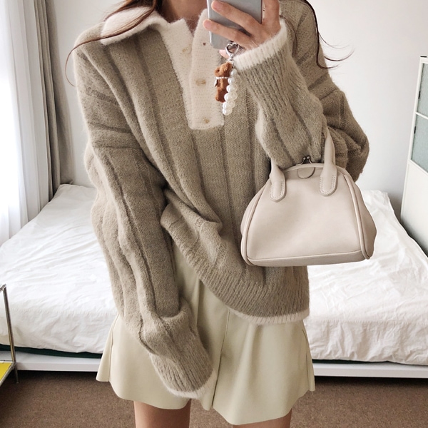 韓国ファッション ルーズフィット 配色ライン ボタン カラーネック ウール ニット