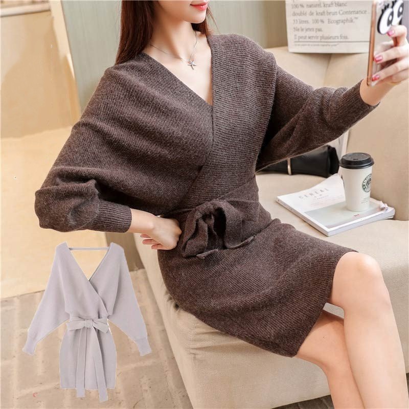 ニットワンピースワンピースレディースニットセーターニットワンピvネックスカートハイウ