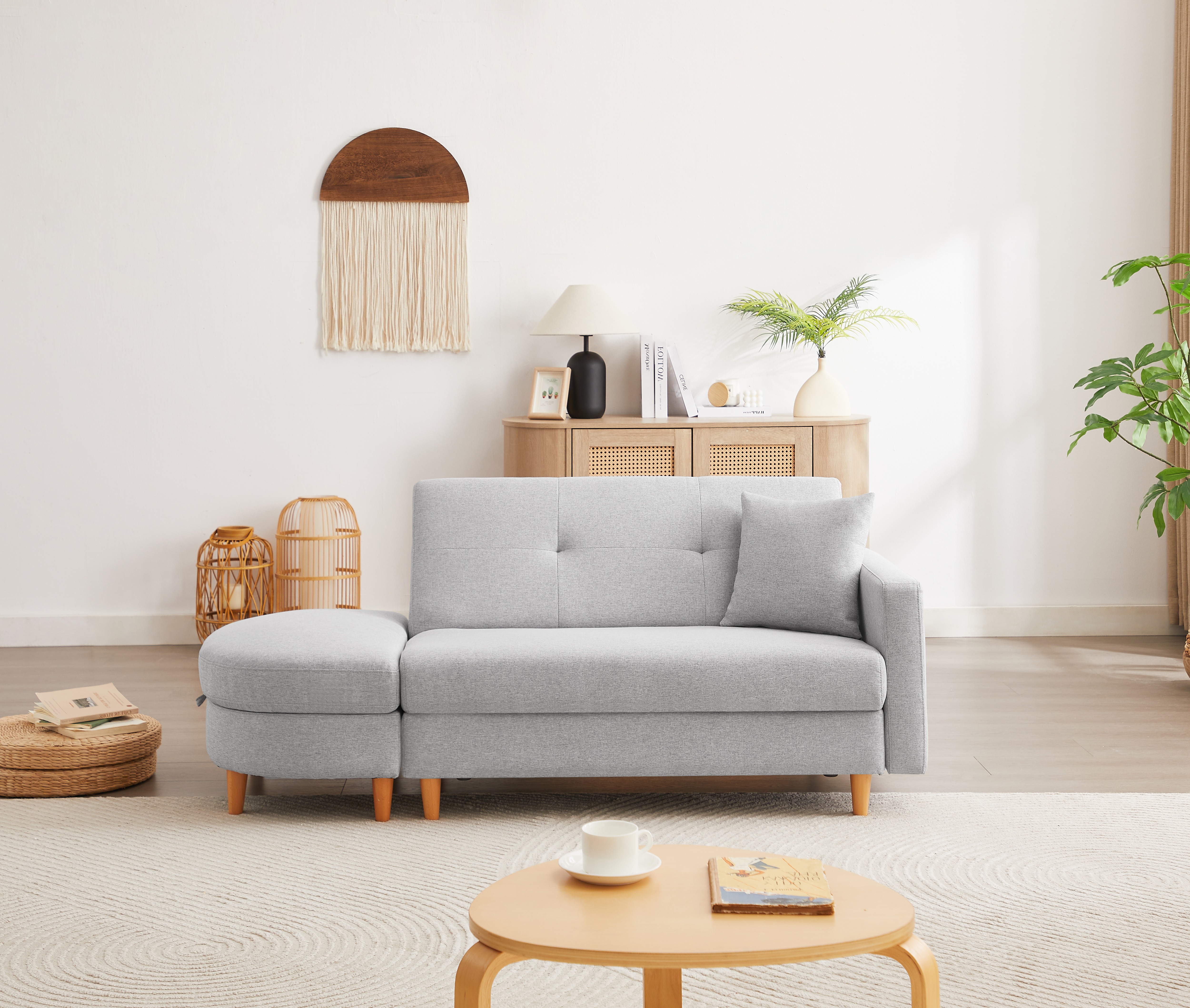 【2点購入で150OFF】【国内即発送】ソファ　ソファーベッド　カウチソファ　2人掛け　オットマン付き　多機能ソファ　左右側とも取り付けるアームレスト　たくさん収納　レイアウト自由　クッション1個