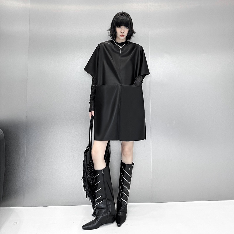 2025春 レザーワンピース ショート丈 前ポケット付き おしゃれ レディース 革 ワンピース 関連商品購入可能