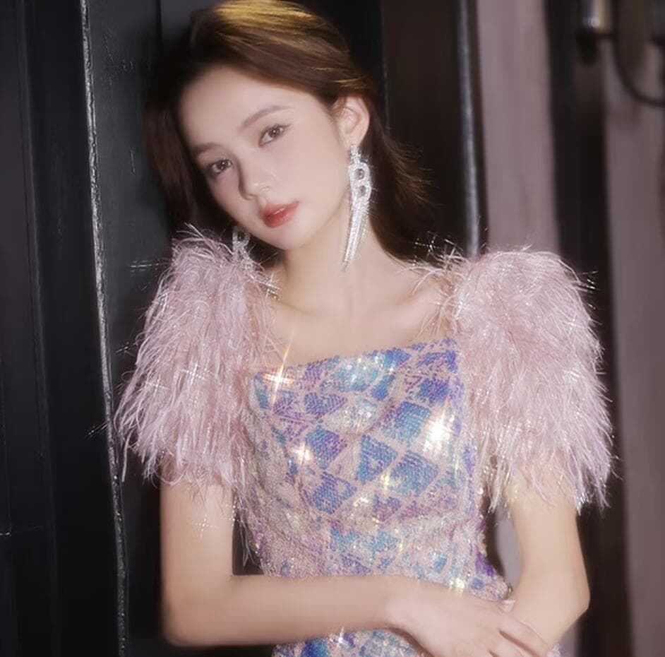 2024 ドレス ニッチライトラグジュアリー年次総会の女性用スパンコールイブニングドレスフィッシュテールドレスボーカルミュージックとアートテストの司会者花嫁