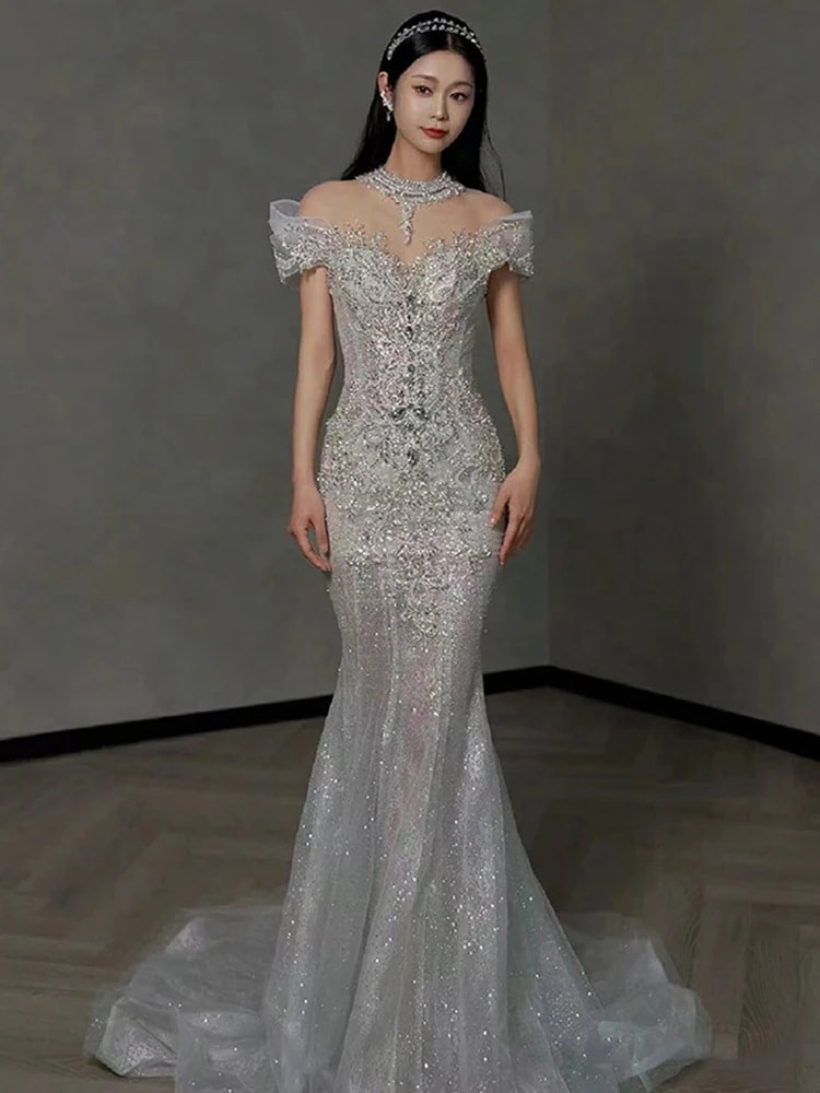 テールライトウェディングドレス花嫁2025メインヤーンプリンセス外出糸重工業ワンショルダードレススカート