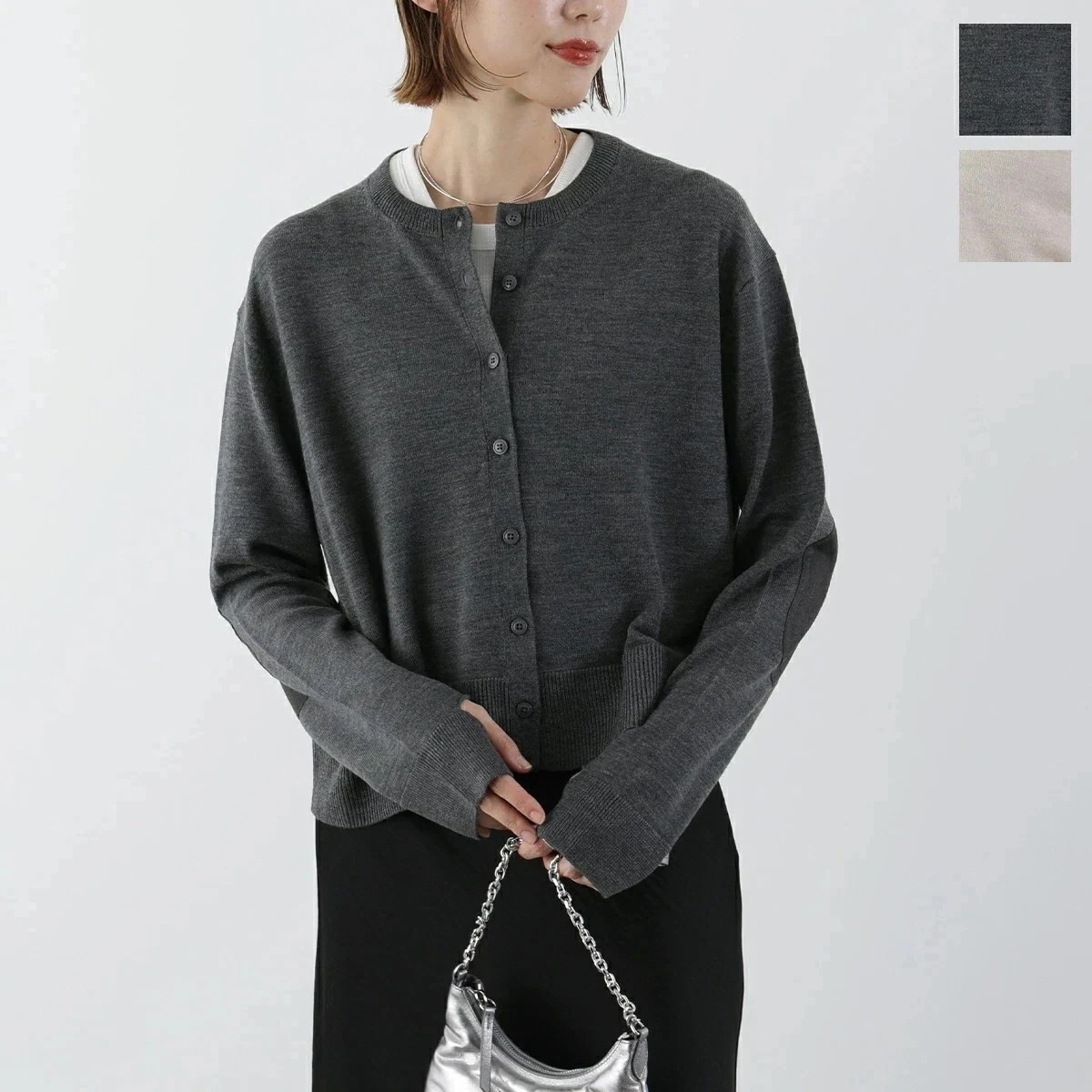 ANTHOM アントム クルーネック カーディガン A27505 レディース エルボーパッチ ウール ハイゲージ ニット 丸首 カラー2色