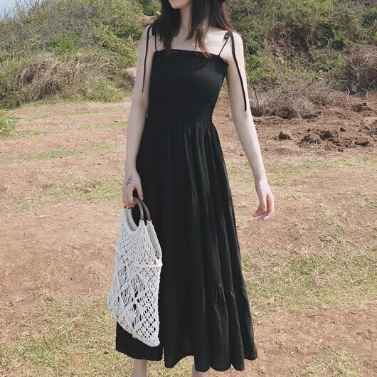 ワンピース ロングワンピース ロング マキシ ひざ下 マキシワンピース キャミソールワンピース 単色ワンピース クール ゆるふわ シンプル 海 リゾート ワンコーデ オールシーズン ブラック