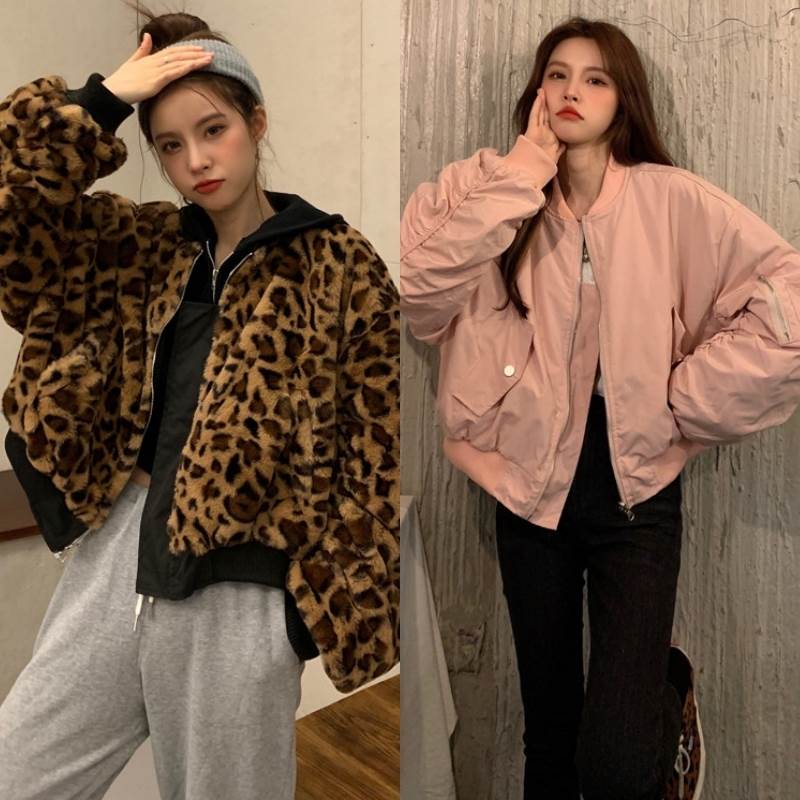 【急速出荷!】2色 アウター もこもこ ジャケット リバーシブル レディース ジャンバー ブルゾン ヒョウ柄 ショート丈 冬 ブラック 黒 ピンク 柄 レオパード ヒョウ柄 長袖 厚手 ジッパー ジッ