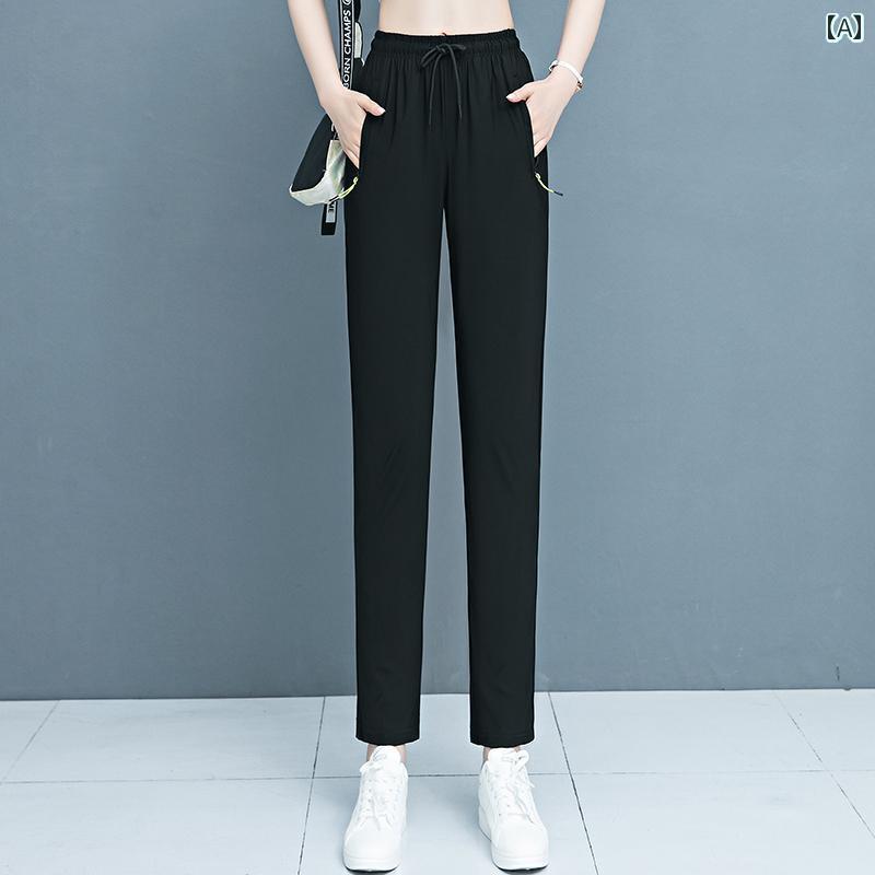 パンツ ズボン ウエストゴム 紐 レディース 股上深め 大きめサイズ ストレッチ 楽ちん 太もも ふくらぎ 薄手 ストレート ボトムス 体型カバー 速乾 通気性 カジュアル シンプル スポーツ ウォー