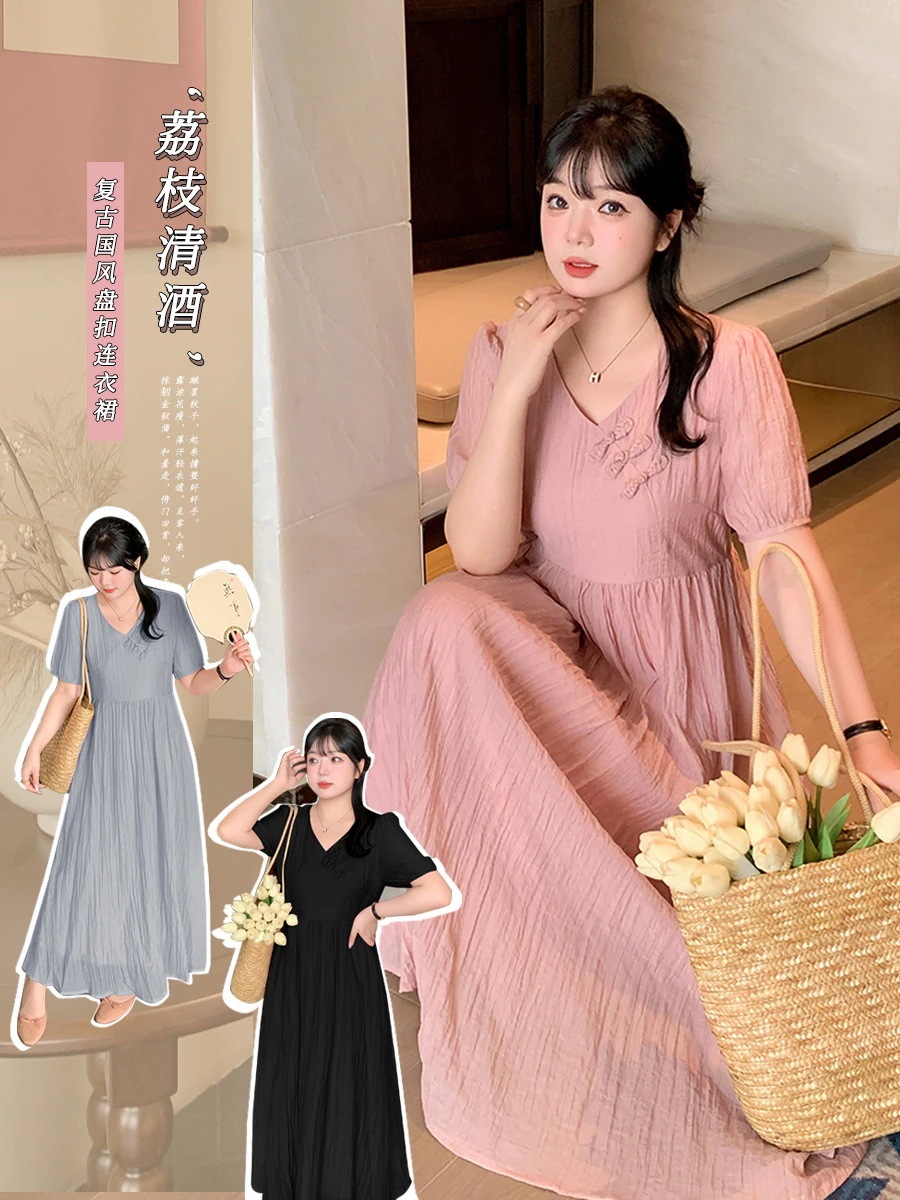 【ぽちゃまに】 夏 チャイナ風 ロングワンピース 大きいサイズ 体型カバー 中華風 Vネック ワンピース メガ割30%までに制限