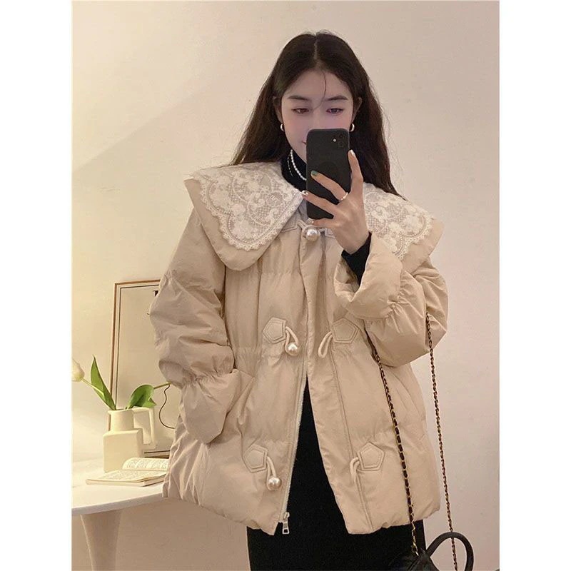 レース ベビーネック 綿入れ アウター レディースファッション 服 ゆったり 百掛け 長袖トップス 中綿コート カジュアル ジャケット
