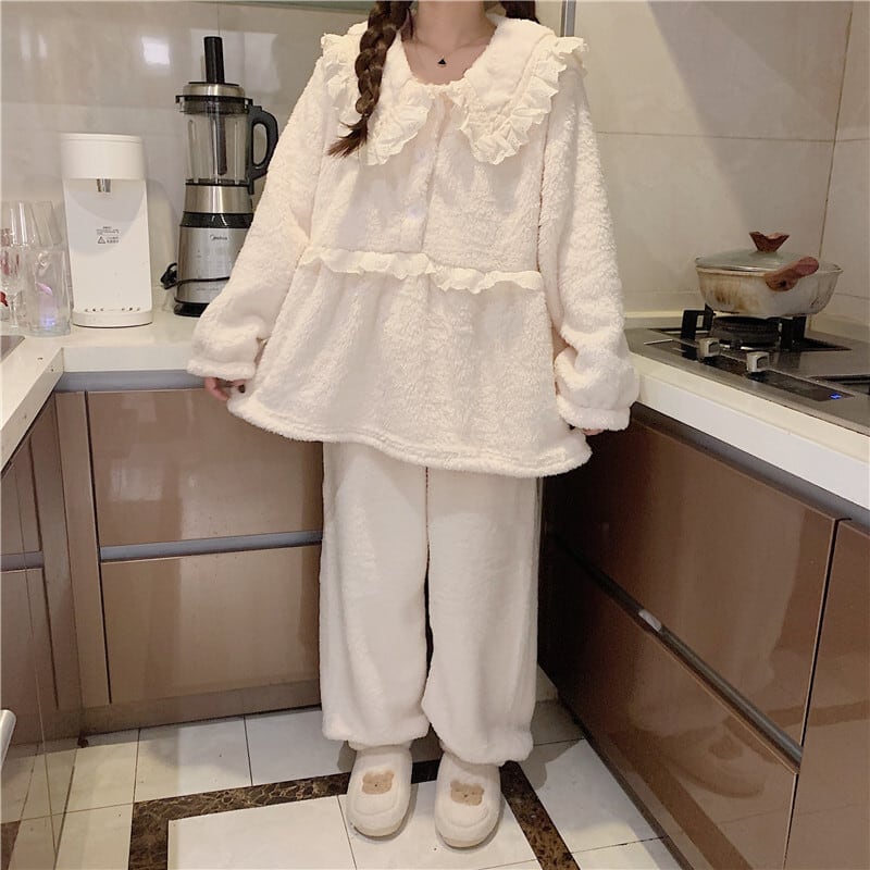 2color パジャマ ルームウェア ナイトウェア 寝巻 フリル 襟付き 萌え袖 リラックスウェア