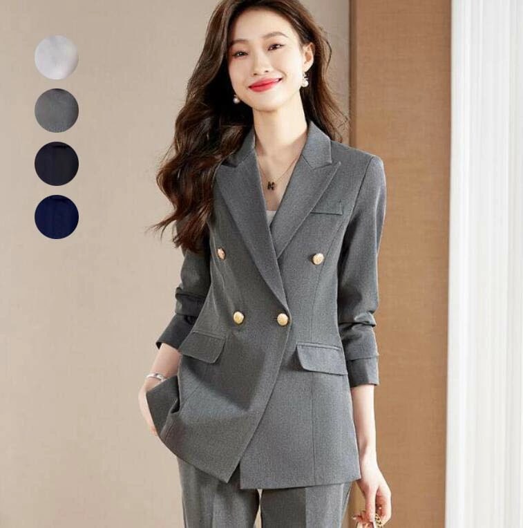 スカートスーツ 高級感 エレガント レディーススーツ２点セット 無地 ジャケット スカート 通勤服装 ビジネス 通勤スーツ ダブルブレスト ブレザージャケット+パンツスーツ セレモニースーツ テーラー