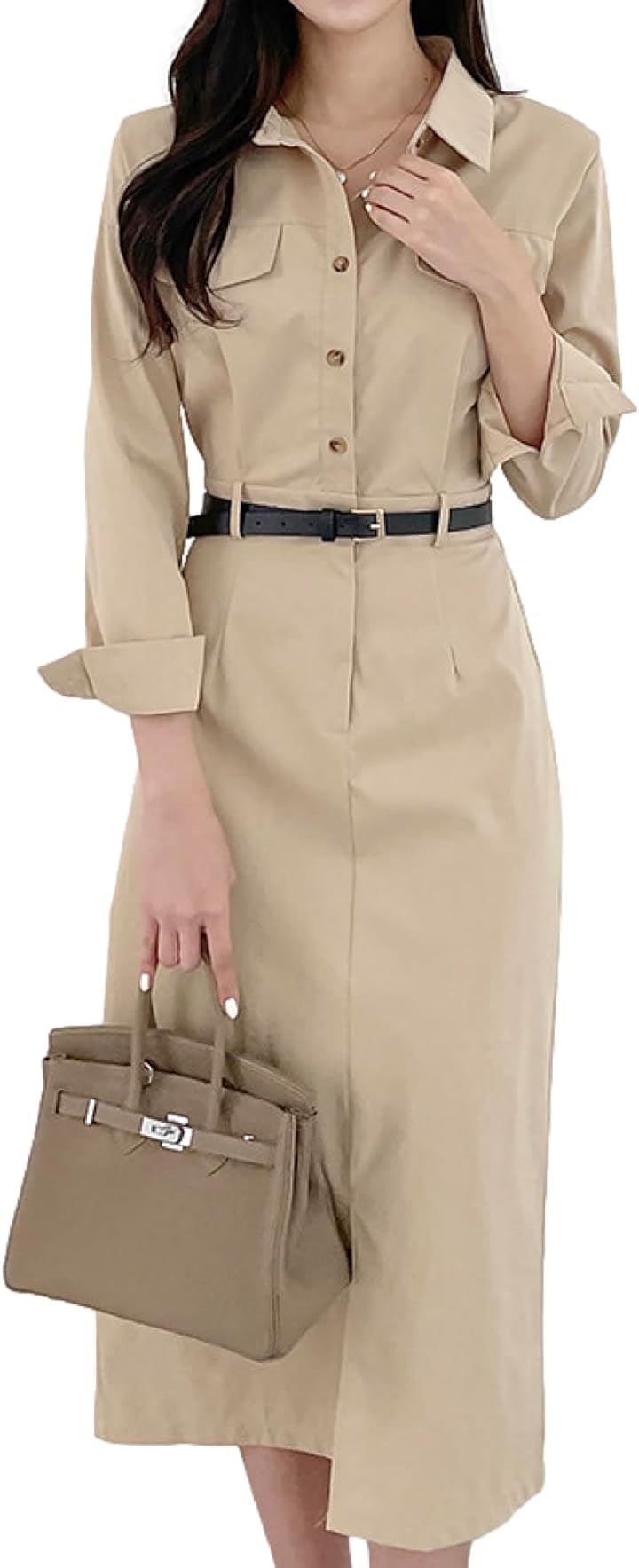 ワンピース レディース 春 秋 膝下 丈 きれいめ トレンチ スリット BN234 BEG( ベージュ, Free Size)