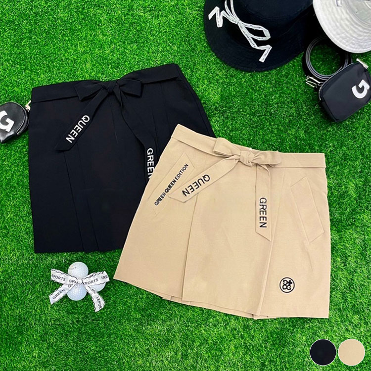 ゴルフウェア スカート レディース 韓国 リボン Ａライン タック 夏 春 秋 ベージュ 黒 春夏