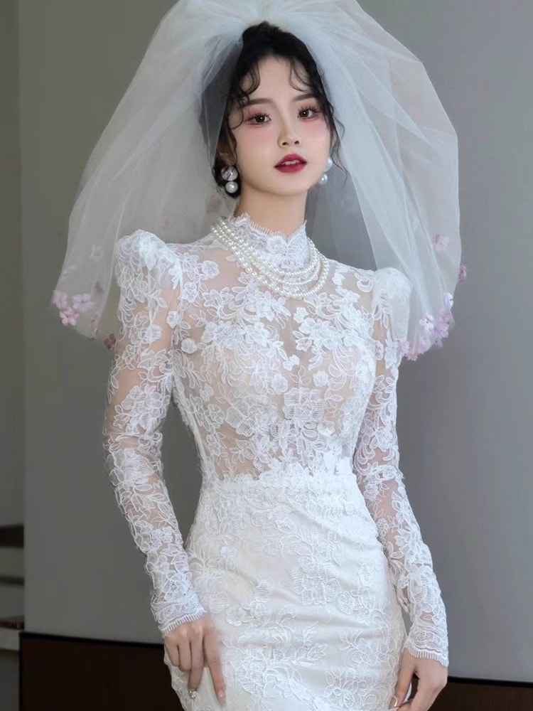 フレンチライトウェディングドレスレースシンプルホワイトスリムテール2023新婦冬の迎賓長袖フィッシュテールスカート