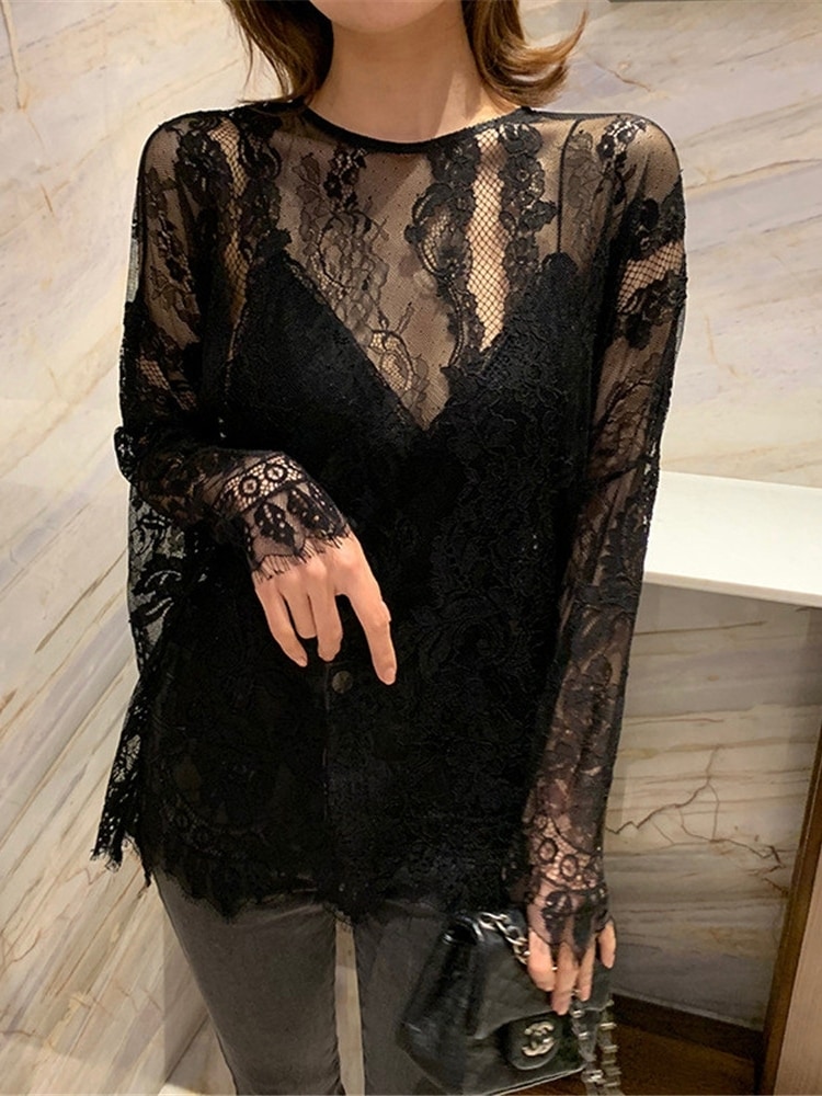 トップス ブラウス カットソー プルオーバー 白トップス 長袖 ラウンドネック ワイド レース 透け感 シースルー 大人可愛い きれいめ おしゃれ 大人女子 こなれ感 ルーズ セクシー エレガント