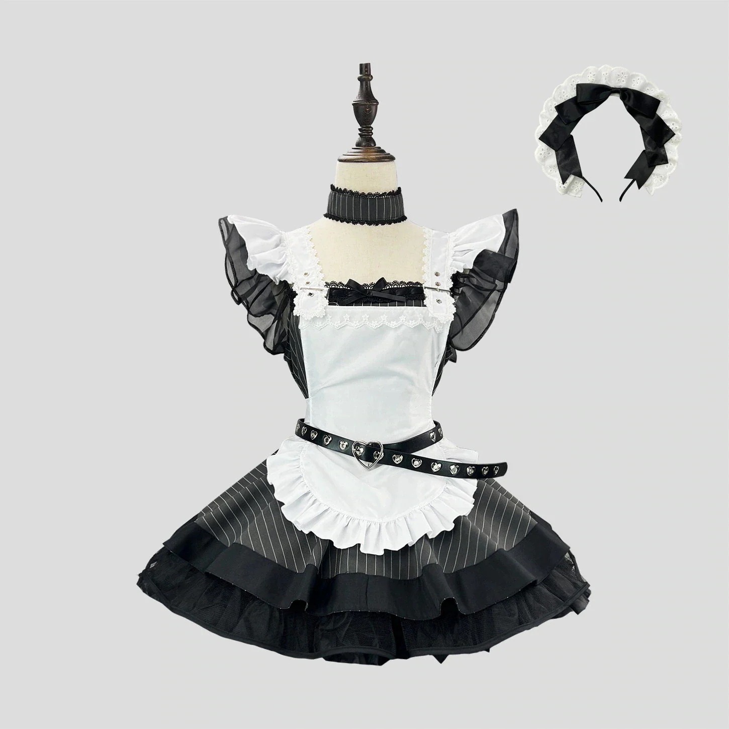 【迅速な発送】新作 黒白ストライプロリータメイド服サブカルチャー日系かわいいエプロンセットコスドレス