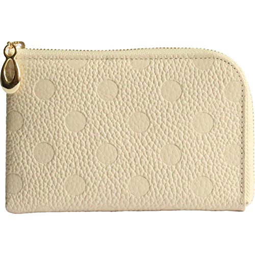 [] 【姫路レザー】L字ファスナー ミニ財布 レディース 日本製 ドット 水玉 上品 おしゃれ 外ポケット付き 薄型 使いやすい キャッシュレス カードケース ミニマリスト (アイボリー（象牙色）)