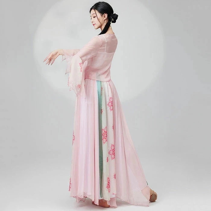 レディース 古典ダンス衣装 2点セット シフォン 長袖 前開き ブラウス 羽紐結び スカート 花柄 シースルーダンスウェア エスニック 練功服 中華古典ダンス チャイナ民族ダンス レッスン着 チャイナ