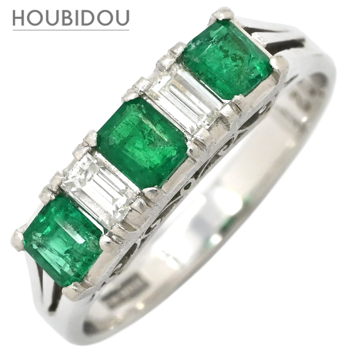 リング 指輪 エメラルド0.54ct ダイヤモンド プラチナシルバー グリーン 緑 Pm900 エメラルドカット バケットカット 11.5号【中古】
