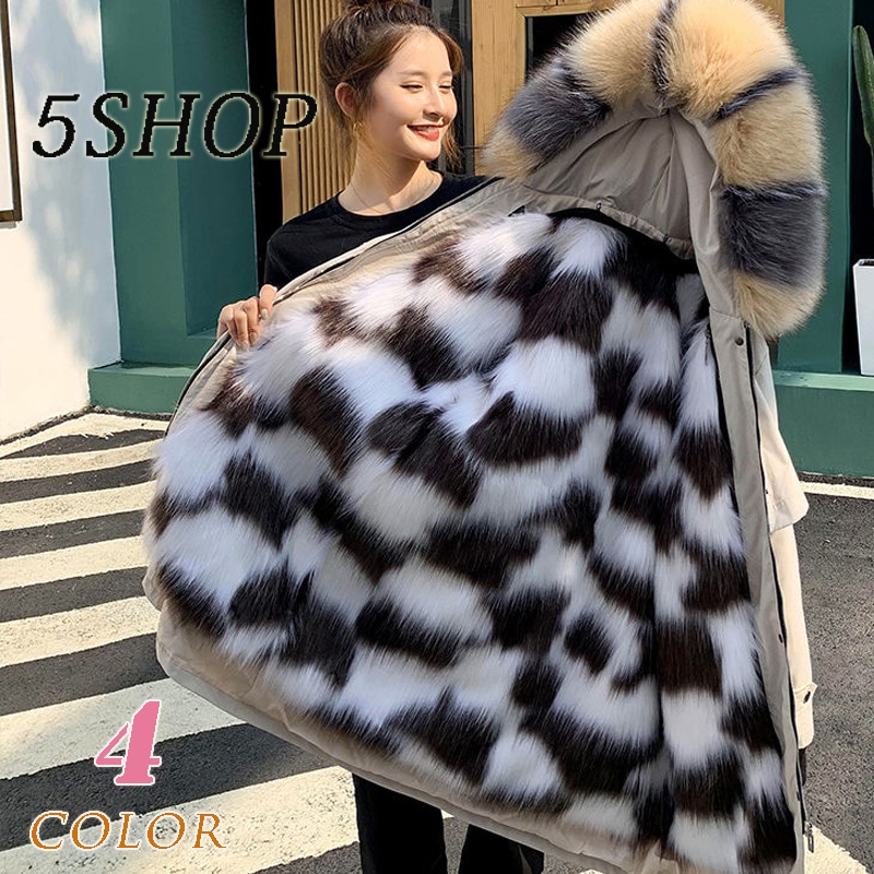 [55555SHOP] 新品 フードつき ファー ジャケットレディース アウター コート 中綿コート ゆったり オーバーサイズ あたたかい キツネの毛 取り外し可能な毛皮の襟