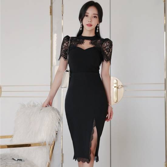 パーティードレス 結婚式 二次会 ワンピース お呼ばれドレス 袖あり 黒 レース タイト ホルターネック スリット バックコンシャス セクシー 大人可愛い 10代 20代