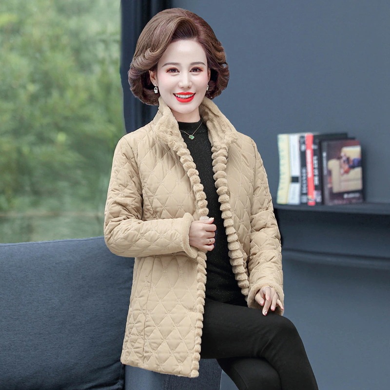大人気上品キルティングコート裏起毛チュニックコートレディース冬アウター立ち襟ポッケトあり中綿体型カバー大きいママ服