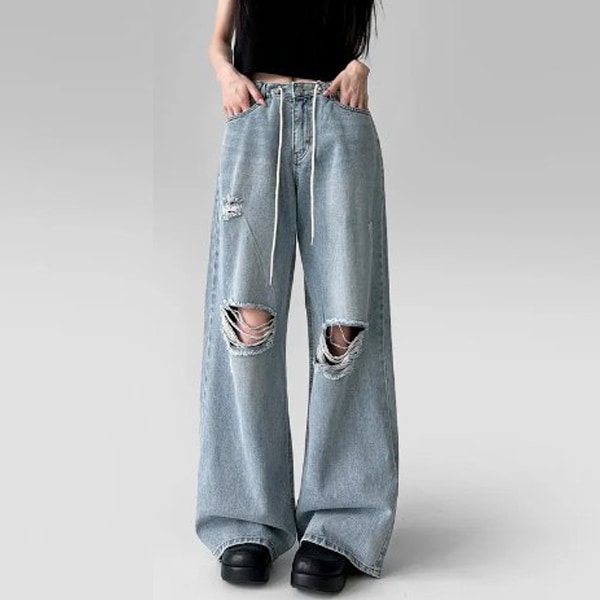 韓国ファッション ストラップ切れ 膝スリット ワイド デニム パンツ