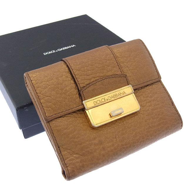 Wホック財布 二つ折り コンパクトサイズ ロゴプレート メタリックライトブラウン ゴールド 中古