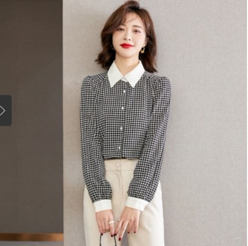 ブラウス 長袖 シフォン ポロ襟 大人可愛い きれいめ 上品 クール 千鳥格子 通勤 お出かけ お仕事 エレガント セクシー 美容師 メイクアップアーティスト ネイリスト アパレルスタッフ 美容部員